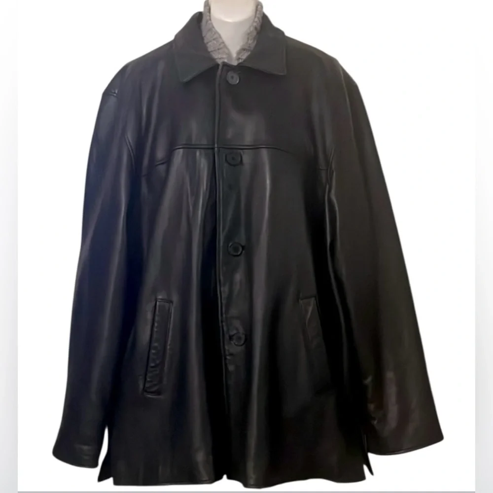 Mens Black Button Down Leather Jacket Unisex Sz 2XL